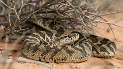 Fototapeta premium Desert snake coiled beneath desert brush
