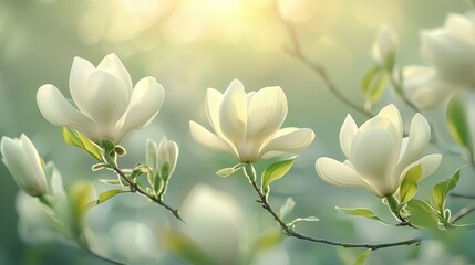 White magnolia blossoms in spring garden sunlight