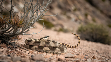 Desert snake coiled near sparse desert shrubbery.