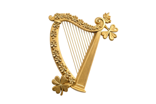 Decorative harp with shamrocks in golden design, cut out