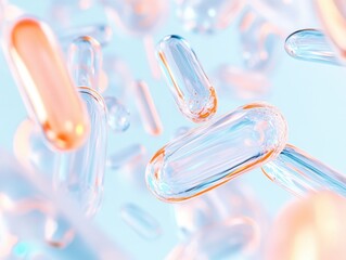 A vibrant abstract representation of probiotics and gram-positive bacteria, depicted through translucent and colorful capsule-like shapes floating in space.