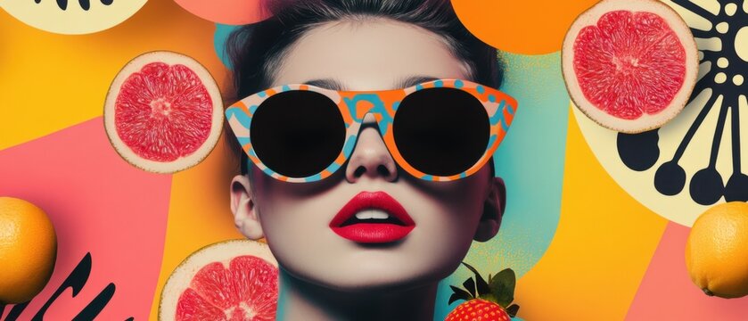 Stylish white woman with bold red lips and patterned sunglasses surrounded by grapefruit and orange slices on a vibrant colorful background Concept of summer, fashion, and healthy eating