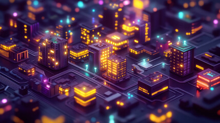 Obraz premium Nighttime urban landscape cityscape digital art futuristic environment aerial view