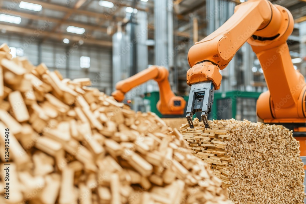 Aufkleber an industrial setting showcasing robotic arms handling wooden materials, emphasizing automation and 