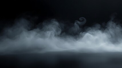 Obraz premium Dry ice smoke clouds fog floor texture. Perfect spotlight mist effect on isolated black background.