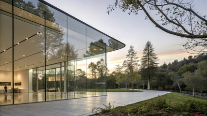 Obraz premium Glass Pavilion Sunset Reflection Modern Architecture, Landscape Design, Minimalist Composition, Nature's Mirror Architectural Photography, Modern Design