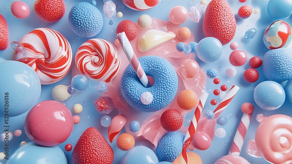 Poster a vibrant 3d rendering of assorted pastel candies and sweets in a playful composition.