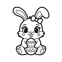Cute Cartoon Bunny Holding Easter Egg – Kawaii Outline Illustration
