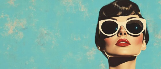 Stylish white woman with retro sunglasses and red lipstick, portrait with vintage aesthetic and a light blue textured background Concept of fashion, beauty, and classic style
