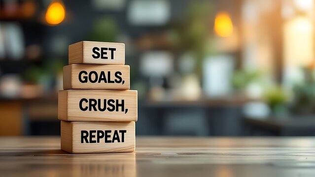 Wooden blocks with words 'Set goals crush them repeat