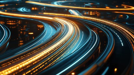 A futuristic highway system where data streams travel like light trails, branching off into various data processing centers, representing the fast flow of information in a big data ecosystem