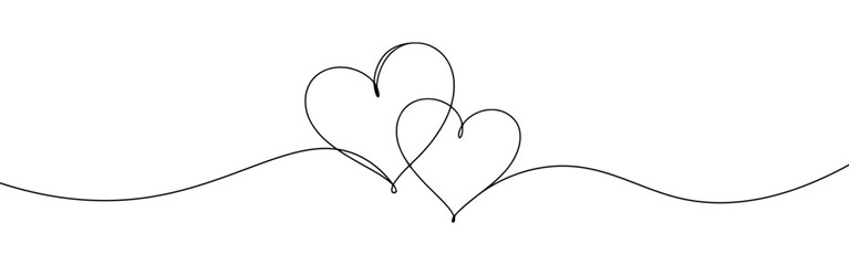 Two hearts. Continuous line drawing. Banner for valentine's day. Abstract hearts. Vector illustration.