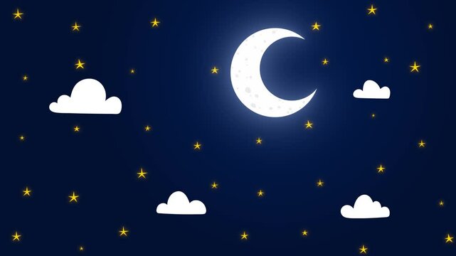 moon and stars glowing on night sky with clouds motion background, kids lullaby and nursery rhyme social media design element	