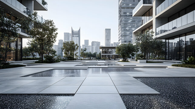 Modern city courtyard, tranquil oasis, sunrise, urban backdrop, real estate