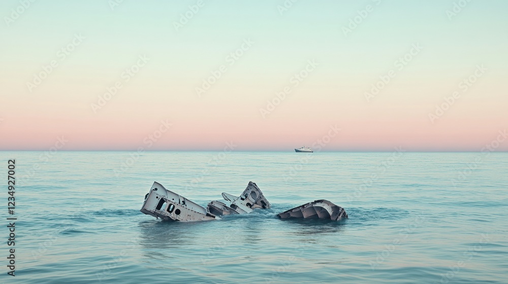 Poster broken airplane parts float serenely on the calm ocean during a tranquil sunset in an undeveloped ar