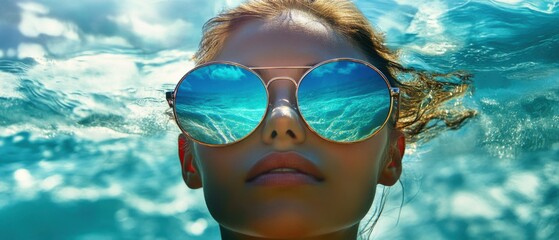 Young adult woman with sunglasses reflecting ocean water, swimming underwater in the sea Concept of summer, vacation, travel, and relaxation