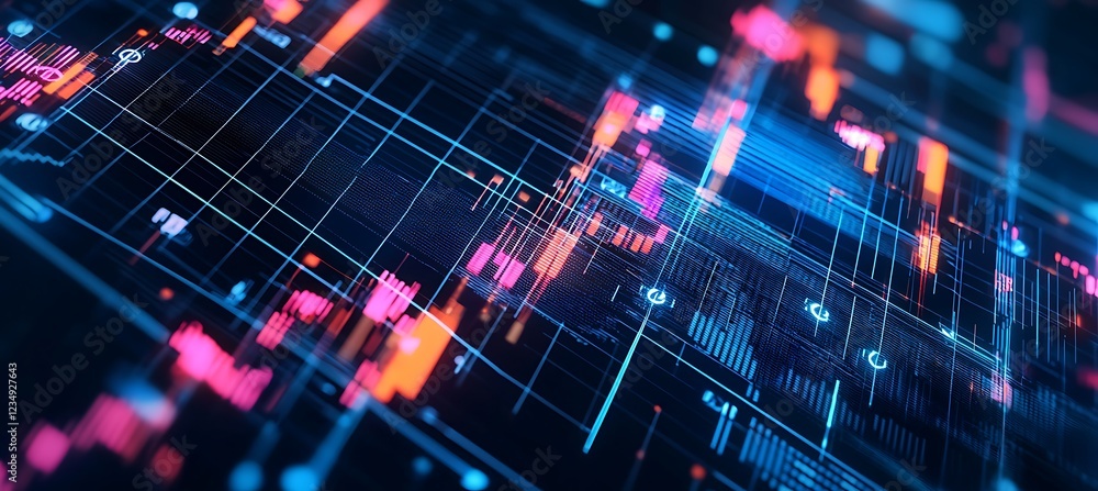 Poster abstract digital data stream: neon grid with dynamic information flow