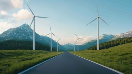 A serene landscape featuring wind turbines along a road, set against majestic mountains and a clear blue sky, symbolizing renewable energy and nature's beauty.