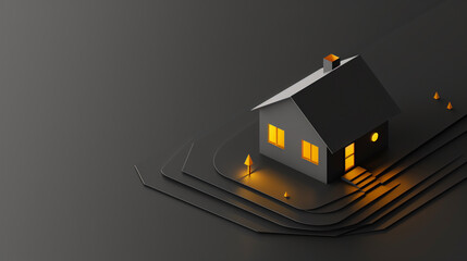 Minimalist 3D rendering of a small paper house with glowing windows on a dark background.