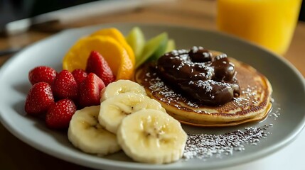 Tropical fruits plate with banana oat pancakes with sugar free chocolate cream and orange juice