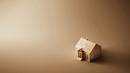Obraz premium A small wooden house model on a beige background, symbolizing real estate or home ownership.