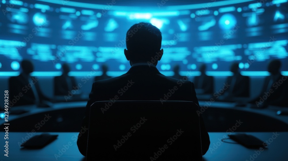Poster a silhouette of a person sits in front of a high-tech control room, surrounded by screens displaying