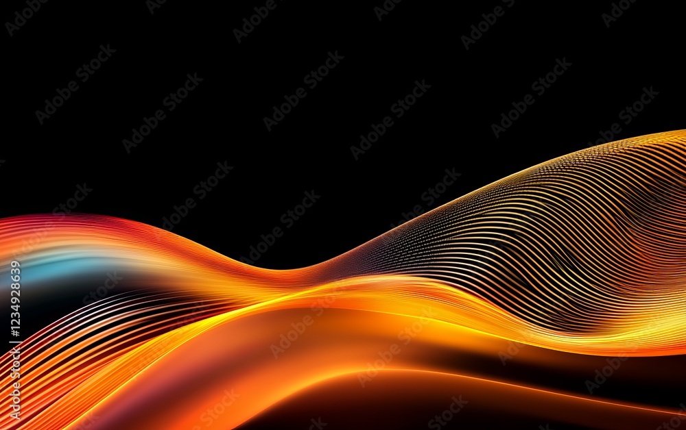 Poster abstract flowing waves of orange and blue light against a black background creating a dynamic visual