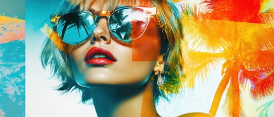 Obraz premium Blonde woman wearing sunglasses with palm tree reflection, vibrant summer colors and abstract overlay Concept of vacation, travel, and tropical mood