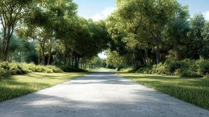 Obraz premium Serene Landscape with Lush Green Trees and Clear Pathway under Bright Blue Sky in Tranquil Nature Scene