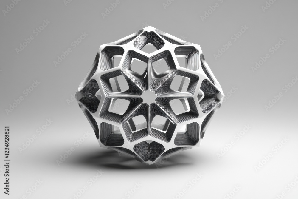 Poster detailed design of a 3d printed geometric sphere showcasing intricate patterns and textures in a min