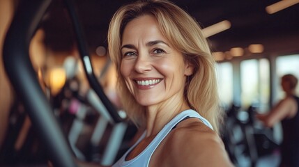 Obraz premium Cheerful mid-age lady at the gym, enjoying her workout with a bright smile. A perfect fitness portrait showcasing confidence, health, and motivation.