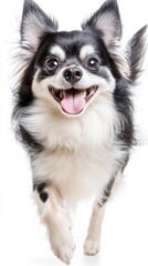 A joyful small dog with its tail in the air, showcasing its playful nature. The dog has a black and white coat and appears energetic and happy.
