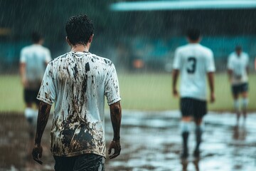Soaked in rain and mud, a defeated soccer player walks off the ground in despair, reflecting on a tough football match under stadium lights.