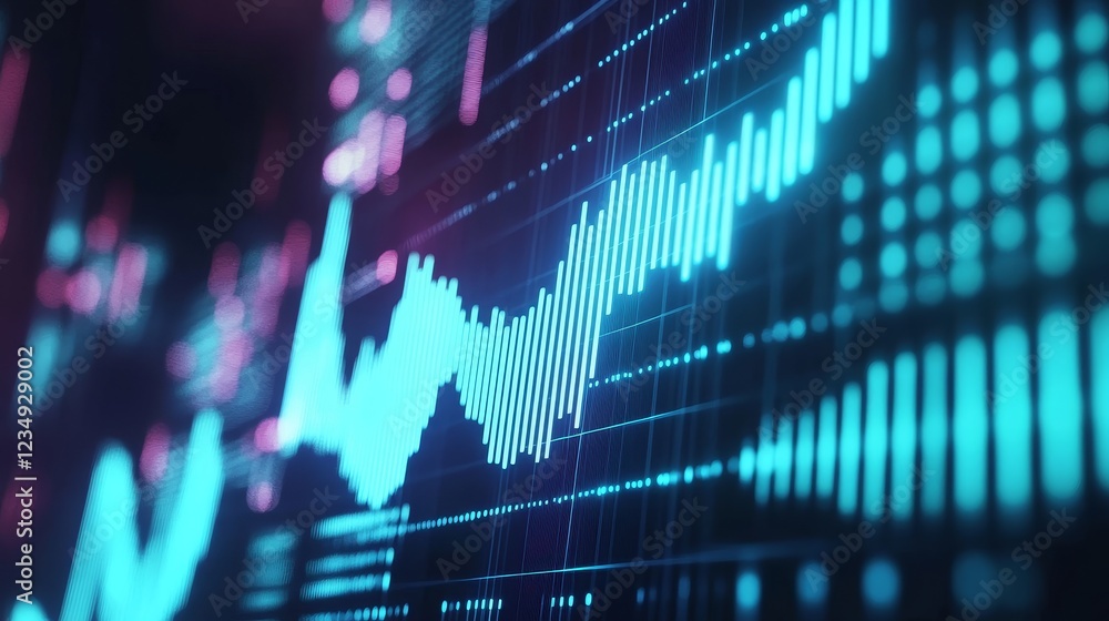 Poster abstract digital financial chart with glowing lines and dots illustrating market trends and data ana