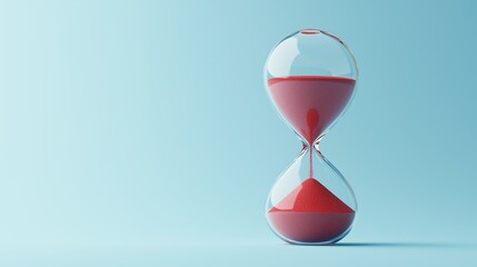 A minimalist hourglass with red sand running out against a light blue background, offering ample copyspace. Perfect for concepts of time, urgency, and deadlines.