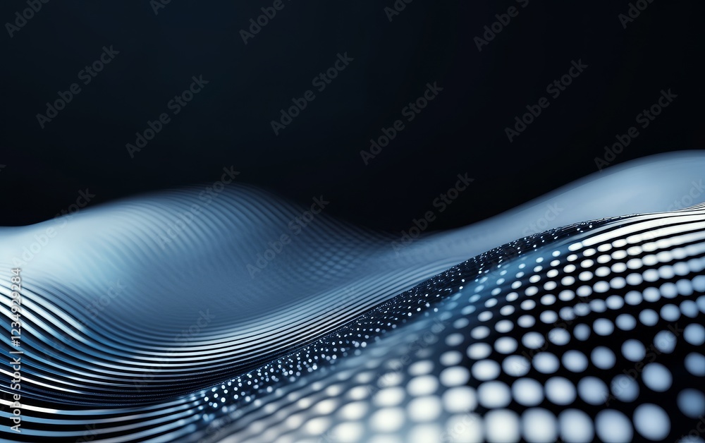 Poster abstract representation of flowing waves with dotted patterns on a dark background, creating a sense