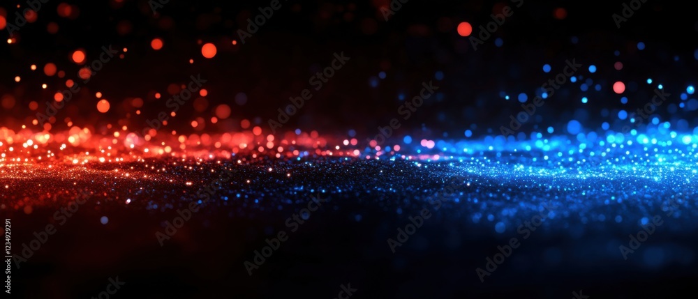 Poster abstract red and blue sparkling glitter particles with bokeh effect on dark background, concept of m