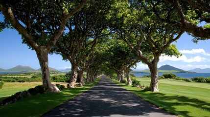 Scenic Tree-Lined Road in a Lush Green Landscape Under a Bright Blue Sky with Tranquil Water Views