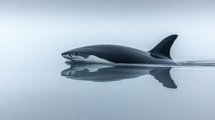 Fototapeta premium Great white shark swims, ocean reflection, foggy day, wildlife