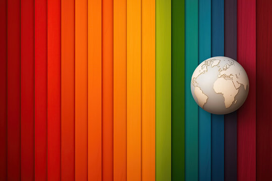 globe rests against vibrant spectrum of vertical colored panels, symbolizing global diversity and unity. earth neutral tones contrast with vivid rainbow hues, creating striking visual