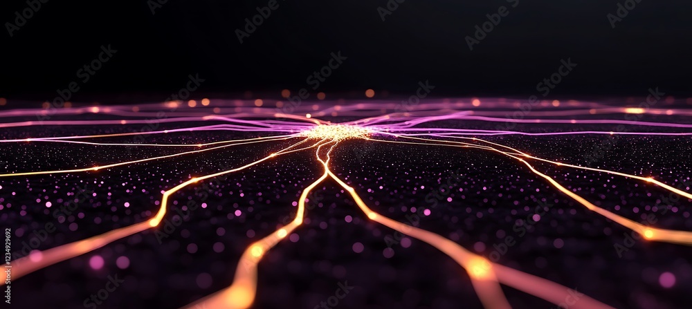 Poster abstract network: glowing filaments converging on a central node