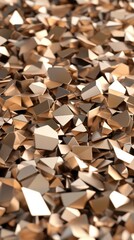 A modern digital abstract 3D background featuring a dynamic arrangement of metallic geometric shapes, primarily in bronze and gold tones.