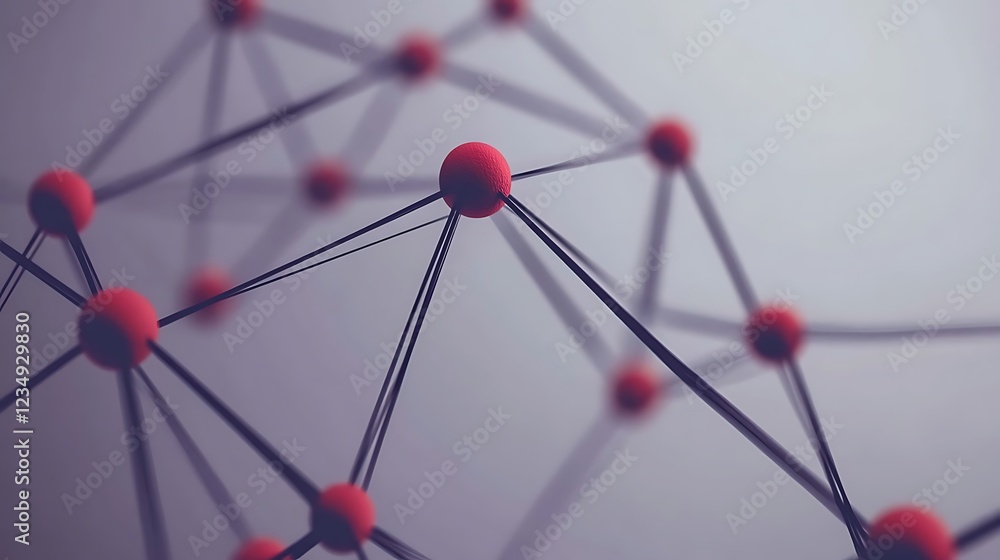 Poster abstract 3d rendering of a complex network of interconnected red spheres and black lines.