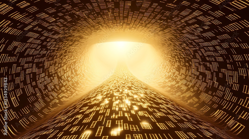 Poster golden data stream tunnel: abstract digital vortex of illuminated code