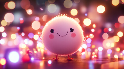 Joyful animated character celebrates in colorful lights festive scene digital art