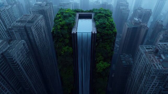 A towering skyscraper is adorned with lush greenery and a cascading waterfall, creating a serene oasis amidst a bustling cityscape.