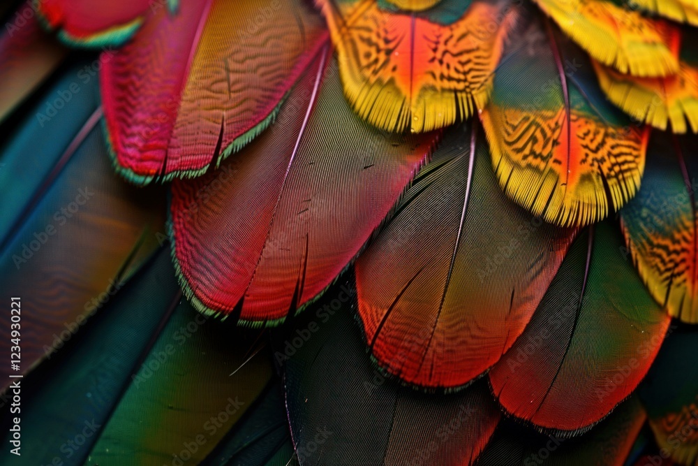 Poster close up of vibrant overlapping feathers creating a beautiful natural pattern