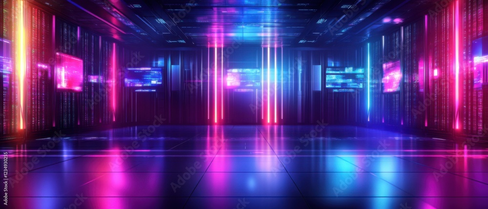 Poster futuristic server room with glowing neon lights and data screens, showcasing a hightech data center 