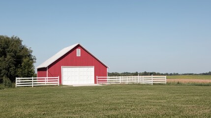 Red barn, white fence, farmland, summer day
