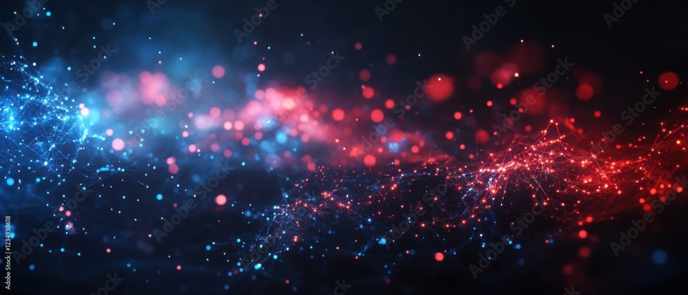 Poster abstract network of interconnected blue and red glowing particles, representing data flow, digital c